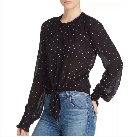 Anthropologie Cloth & Stone Black Floral Ruffle Neck Tie Front Long Sleeves Top - Picture 2 of 12